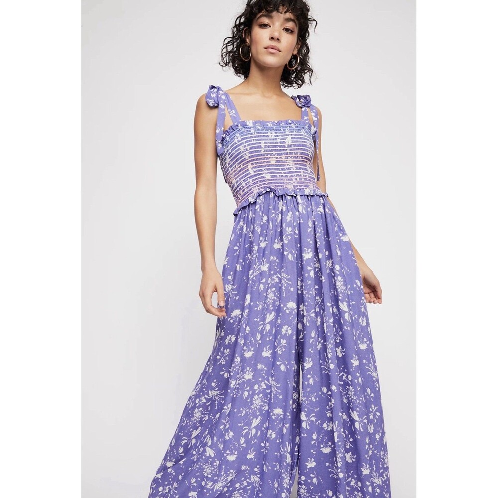 Free People Wide Leg Jumpsuit Size Small Purple Floral Smocked Color My World